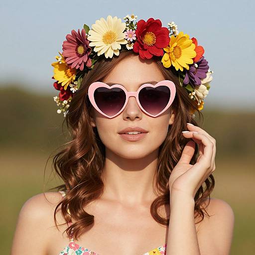 Photograph of a fair-skinned woman with wavy brown hair, wearing a colorful flower crown, heart-shaped pink sunglasses, and a strapless floral