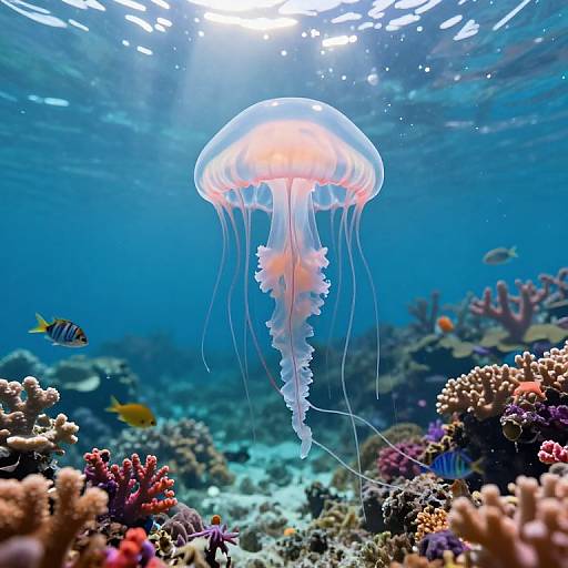 Photograph of a glowing, translucent jellyfish with delicate tentacles floating above a vibrant, colorful coral reef in clear, blue ocean water. Sunlight