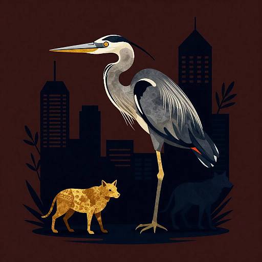 Graphic Illustration of Heron and Wild Animals with Cityscape