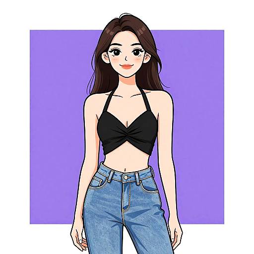 Digital anime-style drawing of a young woman with long brown hair, wearing a black halter top and blue jeans, against a purple background.