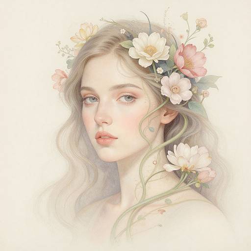 Digital painting of a fair-skinned woman with wavy blonde hair, wearing a floral crown of pink and white flowers, with soft, ethereal background