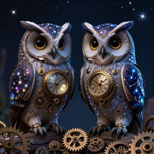 Digital artwork of two starry, clockwork owls with golden gears, standing on wooden planks, against a dark, starry night sky.