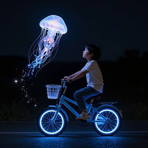 Photograph of a young boy with short black hair, riding a glowing blue bicycle at night, with a luminescent jellyfish hovering above.