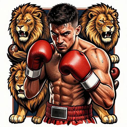 Muscular, dark-haired boxer in red gloves and shorts, sweat-drenched, facing forward with intense expression, flanked by fierce, roaring lions.