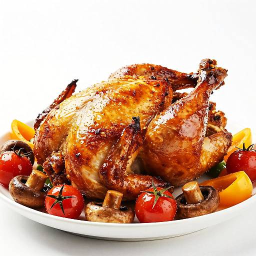 Photograph of a golden-brown roasted whole chicken garnished with cherry tomatoes, sliced mushrooms, and orange slices on a white plate.