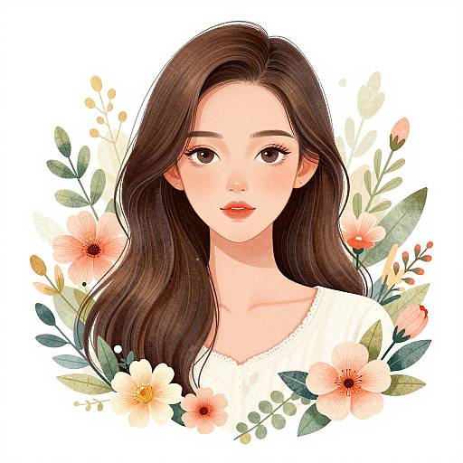 Digital illustration of a beautiful Asian woman with long, wavy brown hair, wearing a white blouse, surrounded by colorful flowers.