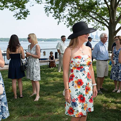 Photograph of a sunny park by the lake, featuring a woman in a floral dress and black hat, standing amid a group of casually dressed people,