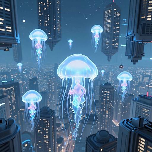 CGI image of glowing blue jellyfish floating amidst a futuristic cityscape with illuminated skyscrapers at night, creating a surreal urban underwater scene.