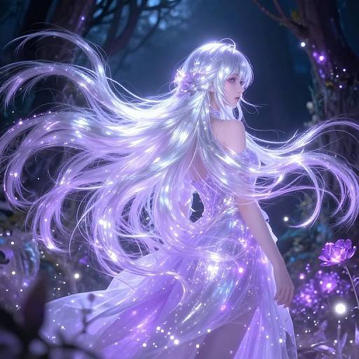 Digital artwork of a glowing, ethereal woman with long, flowing silver hair illuminated by bright lights, standing in a magical forest at night.