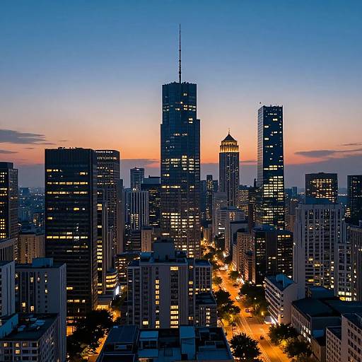 Photograph of a cityscape at dusk, showcasing tall skyscrapers with illuminated windows, a vibrant orange and blue sunset sky, and glowing streetlights