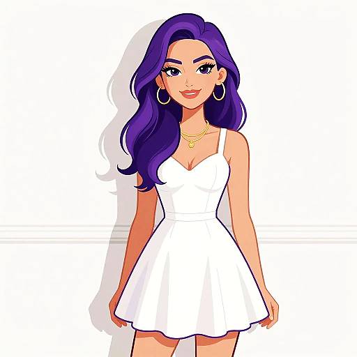 Digital illustration of a smiling woman with long purple hair, wearing a white, sleeveless, V-neck dress, gold hoop earrings, and a necklace,