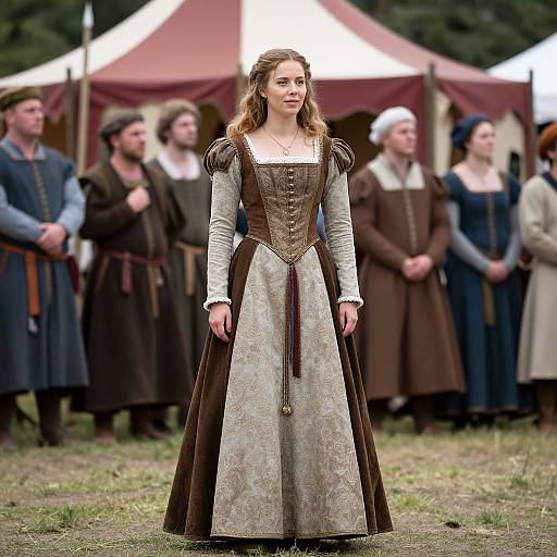 Photograph of a young woman with wavy brown hair wearing a medieval-style, silver and brown dress, standing in front of a blurred group of people