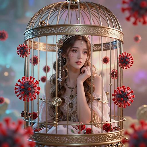 Digital art: Beautiful woman with long brown hair, wearing ornate jewelry and white dress, inside a golden birdcage with red flower decorations, set