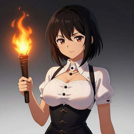 Anime-style digital drawing of a confident woman with black hair, holding a flaming torch. She wears a white blouse and black vest, highlighting her large breasts