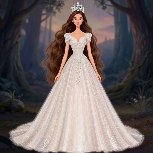 Digital illustration of a fair-skinned woman with long, wavy brown hair, wearing a white, lace-embellished, V-neck ball gown