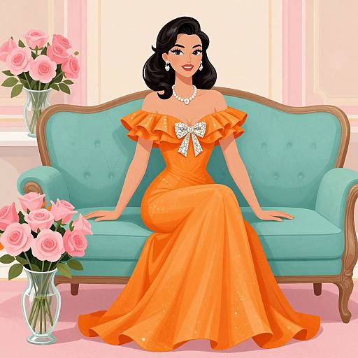 Vintage Glamour Woman on Teal Sofa