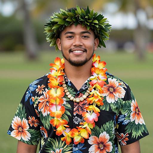 Photograph of a smiling young man with a leafy headpiece, wearing a black floral shirt and vibrant orange flower lei, standing in a blurred outdoor