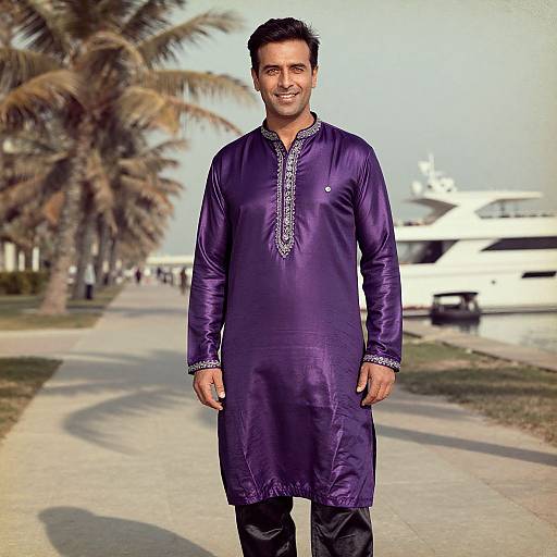 Photograph of a smiling South Asian man in a purple traditional kurta with intricate embroidery, standing on a palm-tree-lined path with a white yacht in