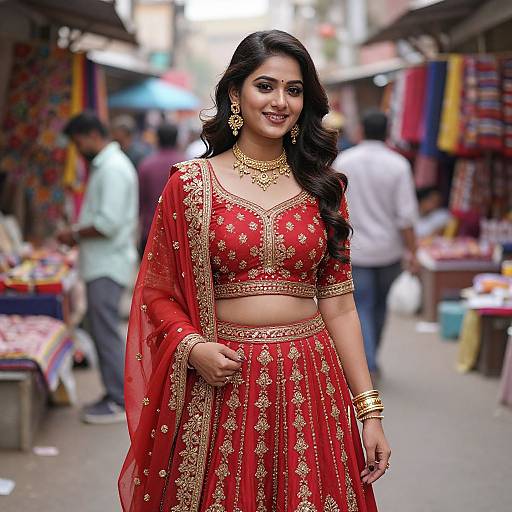 Photograph of a smiling Indian woman with long black hair, wearing a red embroidered traditional outfit, gold jewelry, standing in a vibrant, bustling market stall