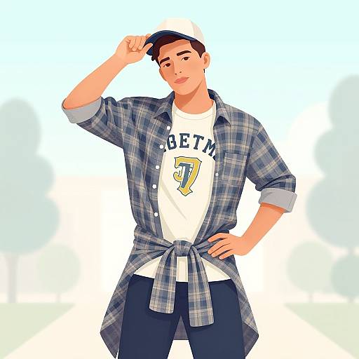 Digital illustration of a young man with light skin, brown hair, wearing a blue plaid shirt, white 