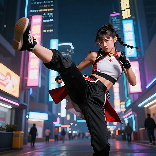 Asian Woman Mid-Kick in Cyberpunk City