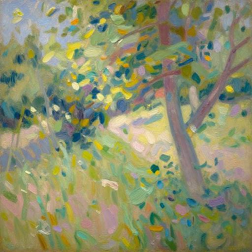 Impressionist-style oil painting of a sunlit, lush forest with vibrant green, yellow, and blue leaves, and dappled sunlight filtering through
