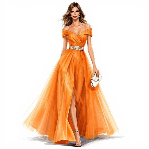 Photograph of a tall, slender woman with long brown hair, wearing an off-the-shoulder, orange, floor-length dress with a beaded