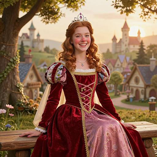 Photograph of a smiling red-haired woman in a pink and maroon medieval princess dress, tiara, and lace corset, sitting on a wooden