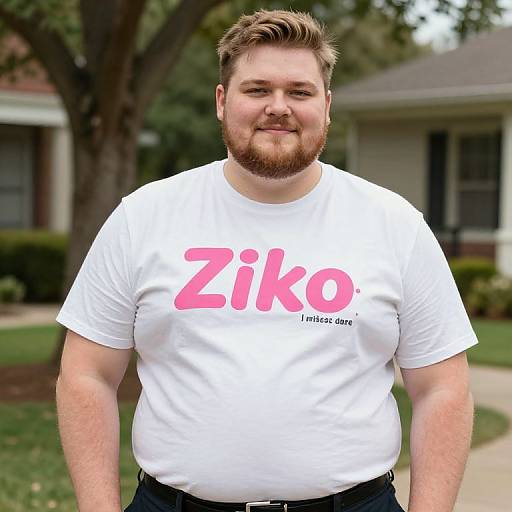 Photograph of a smiling, bearded, chubby white man with short, light brown hair wearing a white 
