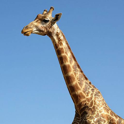 Photograph of a giraffe's head and neck against a clear blue sky, showcasing its patterned brown and beige coat and small ossicones on