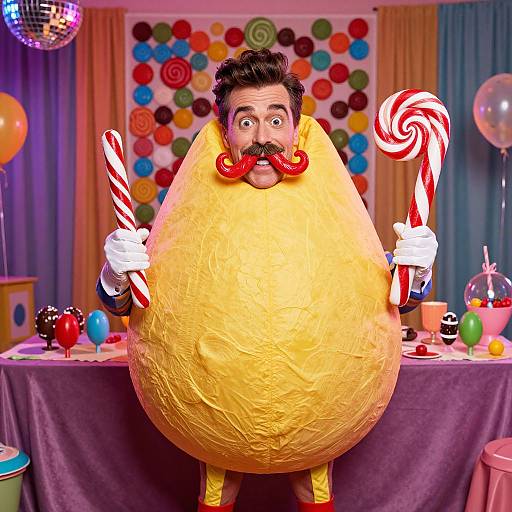 Photograph of a man with dark hair and mustache, dressed as a yellow, candy-coated ball, holding candy canes, in a colorful