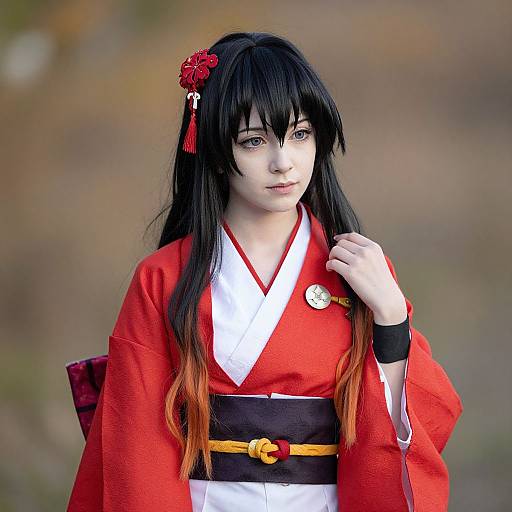 Photograph of a young woman in a red and white Japanese kimono, black hair with red flower hairpin, holding her collar, outdoors.