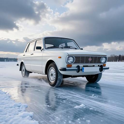 Photograph of a white vintage sedan driving on a frozen lake under a dramatic, cloudy sky. Snow-covered ground reflects the car's movement.