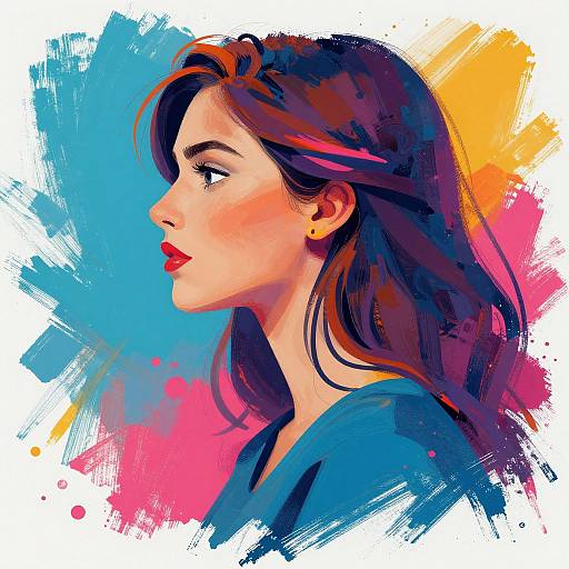Digital portrait of a confident woman with long dark hair, red lips, and blue shirt, set against vibrant blue, pink, and yellow brushstrokes