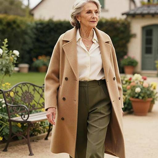 Photograph of an elderly woman with gray hair, wearing a beige coat, white blouse, olive pants, walking in a garden.
