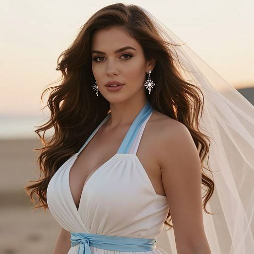 Photograph of a beautiful woman with long brown hair, wearing a white halter dress with blue ribbon, white veil, and star-shaped earrings, standing