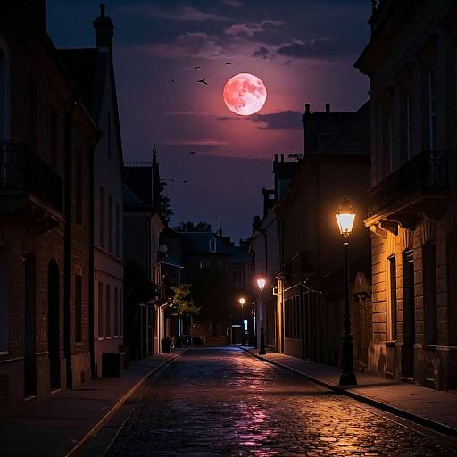 Photograph of a narrow, cobblestone street at night with a glowing red full moon, illuminated street lamps, and shadowy buildings.