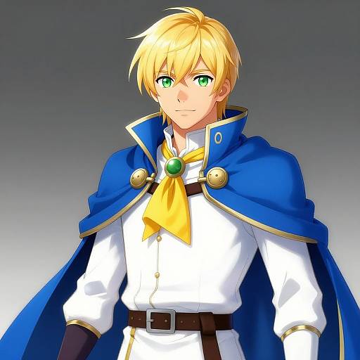 Anime-style digital drawing of a blonde, green-eyed, young man in a blue cape, white shirt, yellow necktie, and green brooch.