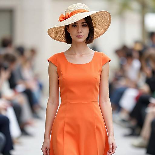 Photograph of a slender woman with short brown hair, wearing an orange dress and wide-brimmed straw hat, walking on a sunlit fashion runway