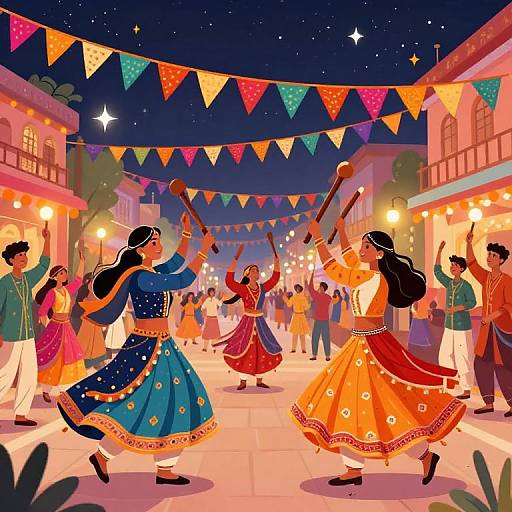Vibrant night market dance scene: Indian women in colorful traditional dresses, raising sticks, surrounded by cheering crowd under starry sky and festive bunting