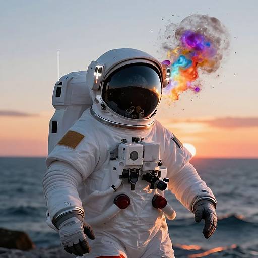 Photograph of an astronaut in a white spacesuit blowing colorful, swirling smoke against a sunset ocean backdrop.