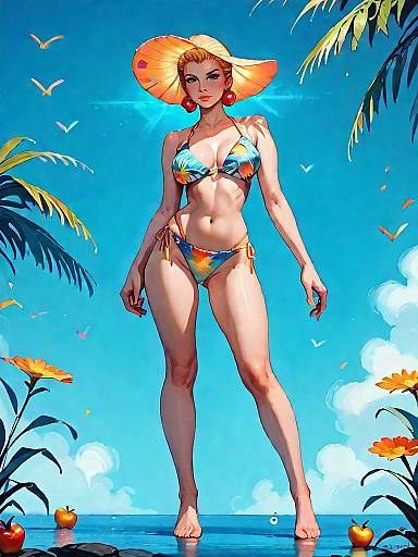 Woman in Tropical Print Bikini with Sunhat