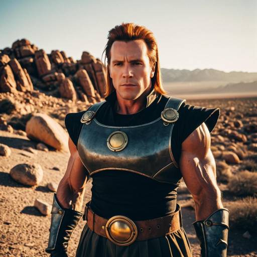 Muscular Man in Steampunk Armor in Desert
