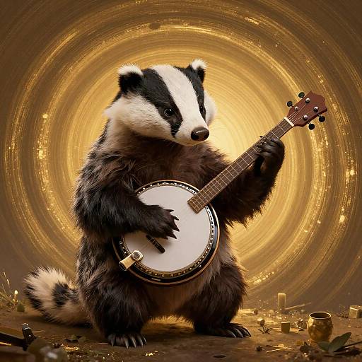 Digital artwork of a black-and-white badger playing a banjo, set against a golden, swirling circular background, surrounded by scattered candles and debris.