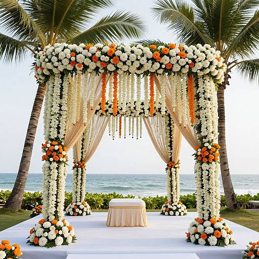 Photograph of a tropical beach wedding arch adorned with white and orange flowers, draped with sheer fabric, flanked by palm trees. Ocean view in background