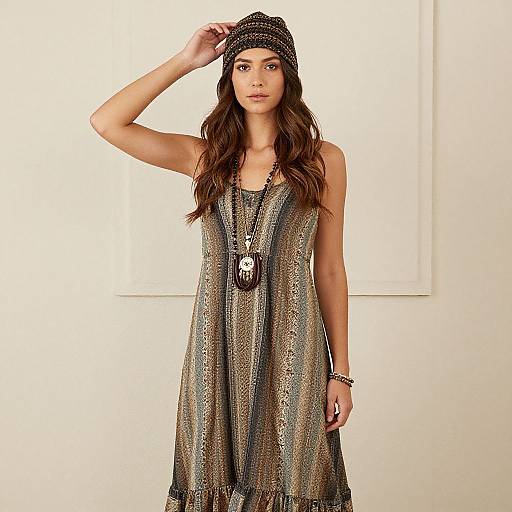 Photograph of a young woman with long brown hair wearing a shimmering, sleeveless dress, black beaded headband, and long necklace, standing