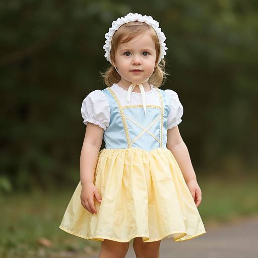 Photograph of a young girl with light brown hair, wearing a white headband, white puffed-sleeve blouse, light blue bodice,