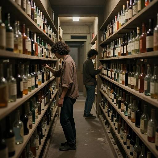 Photograph of two men browsing a dimly lit, narrow wine cellar aisle with shelves filled with various colorful liquor bottles.