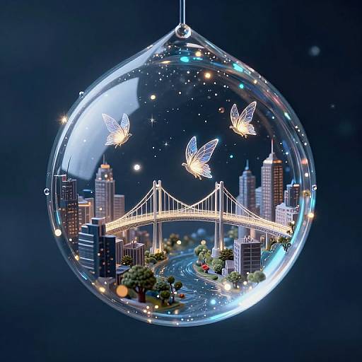 Photograph of a glass bubble pendant featuring a glowing cityscape with a bridge, illuminated butterflies, and twinkling lights.
