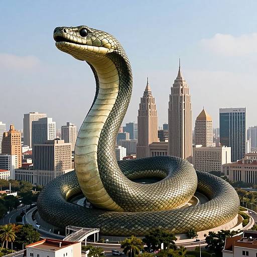 Photograph of a massive, green, coiled snake with a long neck towering over a cityscape with tall, modern skyscrapers and blue sky